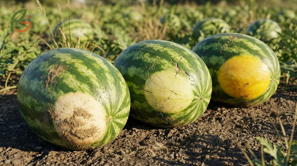 Yellow field spot watermelon indicators show a deep butter tone appearing 7 to 10 days before the fruit reaches ripeness.
