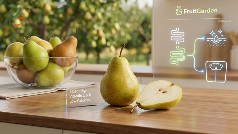 Fresh pears arranged on a wooden board highlighting their digestive health benefits and high nutrient density.