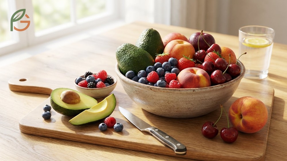 Best fruits for diabetics including avocados and berries with high fiber content to maintain stable blood sugar.