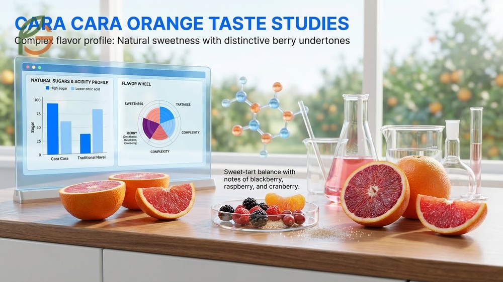 Cara Cara orange taste profile includes complex berry undertones and natural sweetness from volatile compounds.