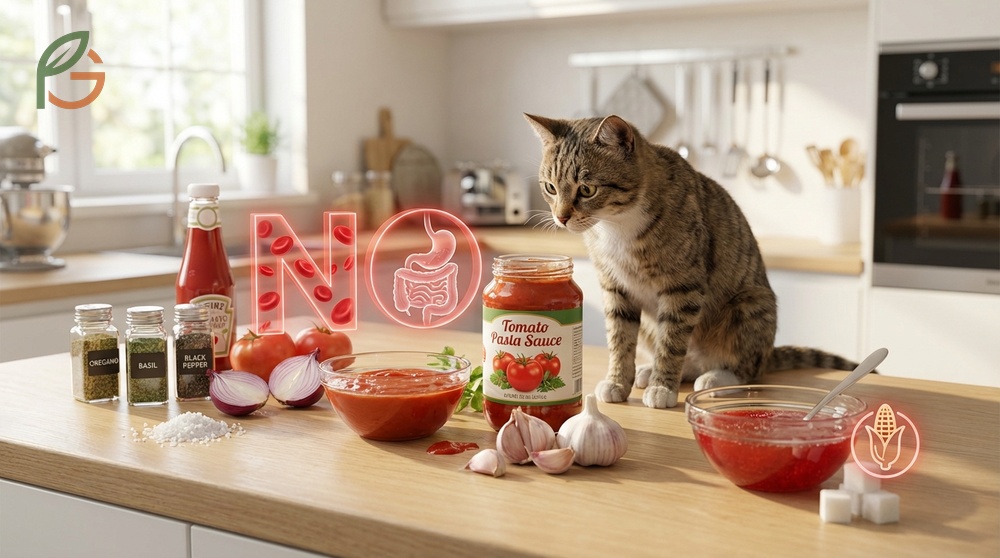 Can cats eat tomato sauce warning regarding toxic garlic onion and high sodium content for felines.