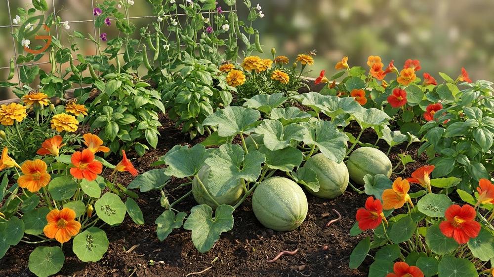Companion planting honeydew with nasturtiums and marigolds helps deter aphids and attract pollinators.
