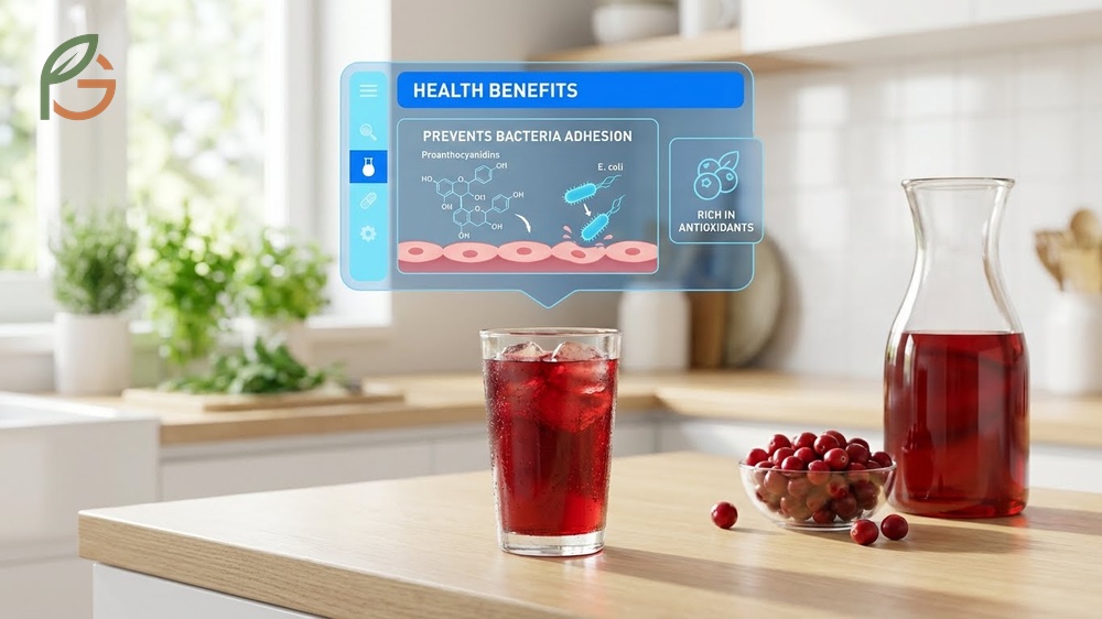 Cranberry juice actual health benefits reducing bacteria adhesion in the bladder by approximately 26 to 30%.