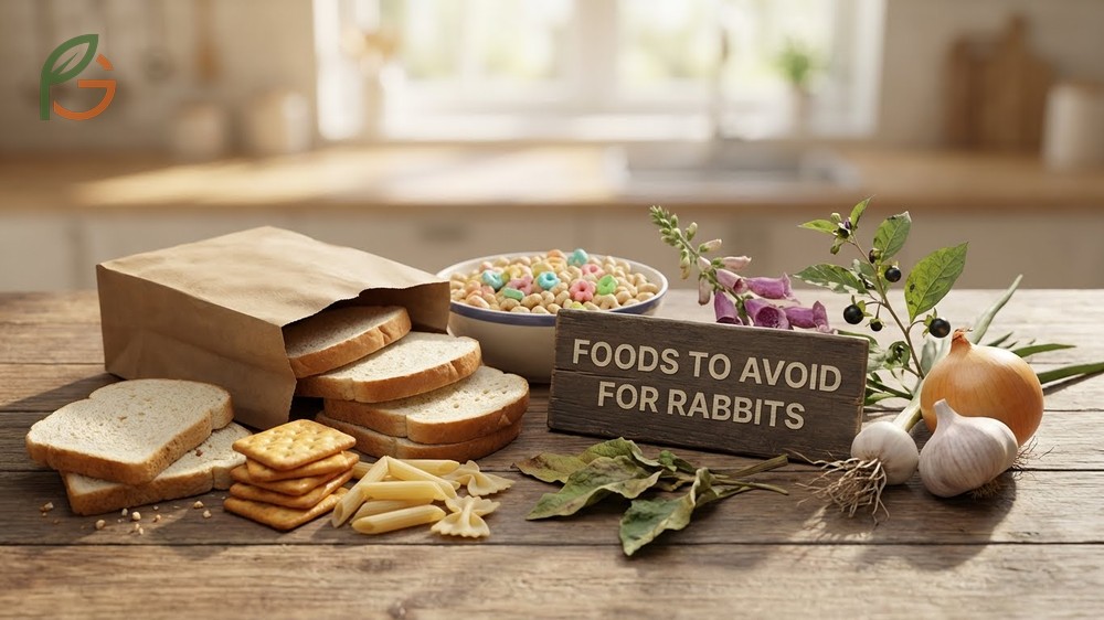 Collection of toxic foods like chocolate and avocado that rabbits must strictly avoid to prevent illness.