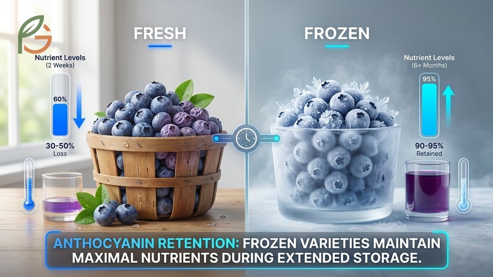 Fresh vs frozen blueberries nutrition comparison revealing frozen berries often retain more nutrients than stored fresh ones.