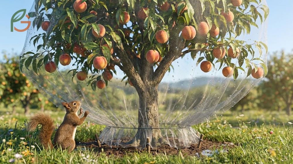 How to keep squirrels out of peach trees using 17mm mesh netting that prevents 98 percent of fruit theft.