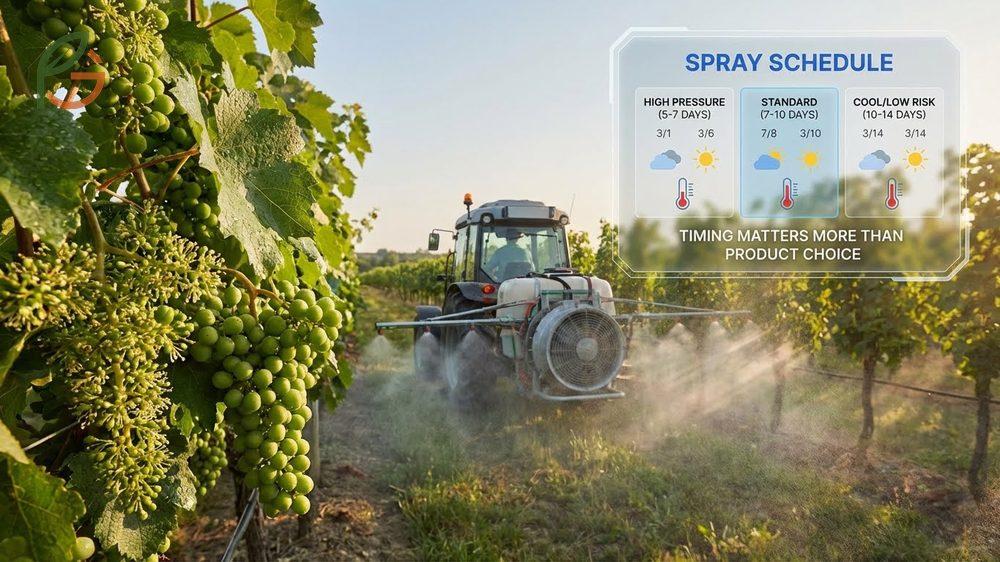Powdery mildew on grapes spray schedule recommending applications every 7 to 10 days from bloom through bunch closure for optimal protection.