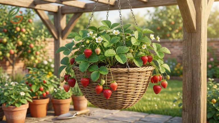 Growing strawberries in hanging baskets prevents soil-borne diseases and improves air circulation around the plants.