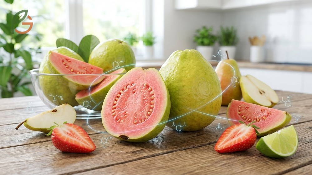 What does guava taste like: sweet strawberry notes with pear undertones, over 200 volatile flavor compounds, tropical aroma