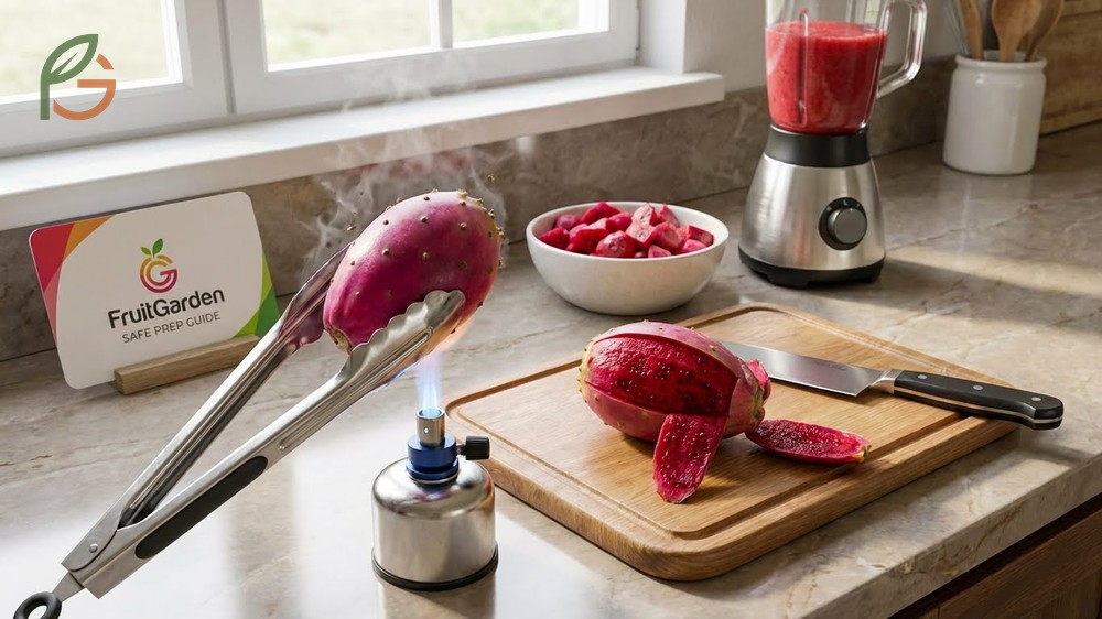 How to cut a prickly pear safely guide detailing spine removal and peeling techniques.