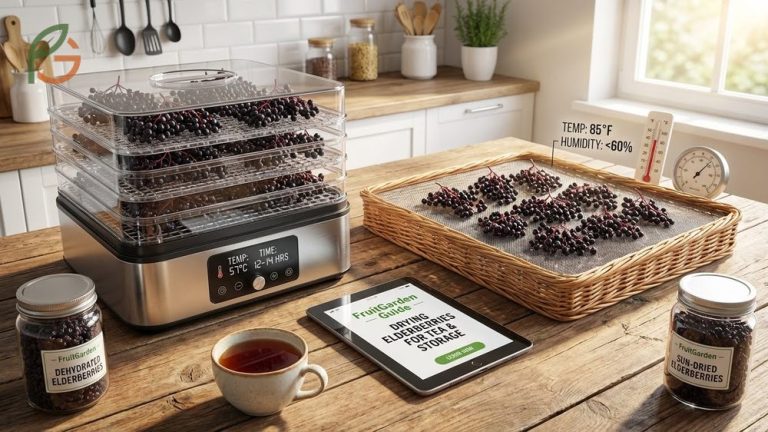 How to dry elderberries involves using dehydrators at 135 degrees Fahrenheit to preserve quality for tea and long term storage.