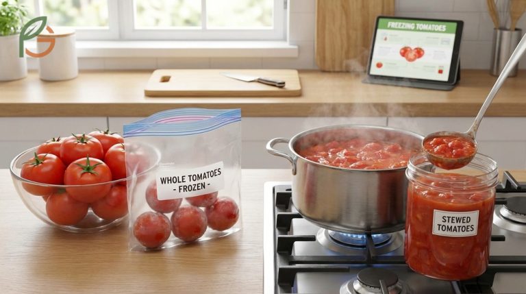 How to freeze tomatoes whole or stewed to preserve harvest quality for up to twelve months.