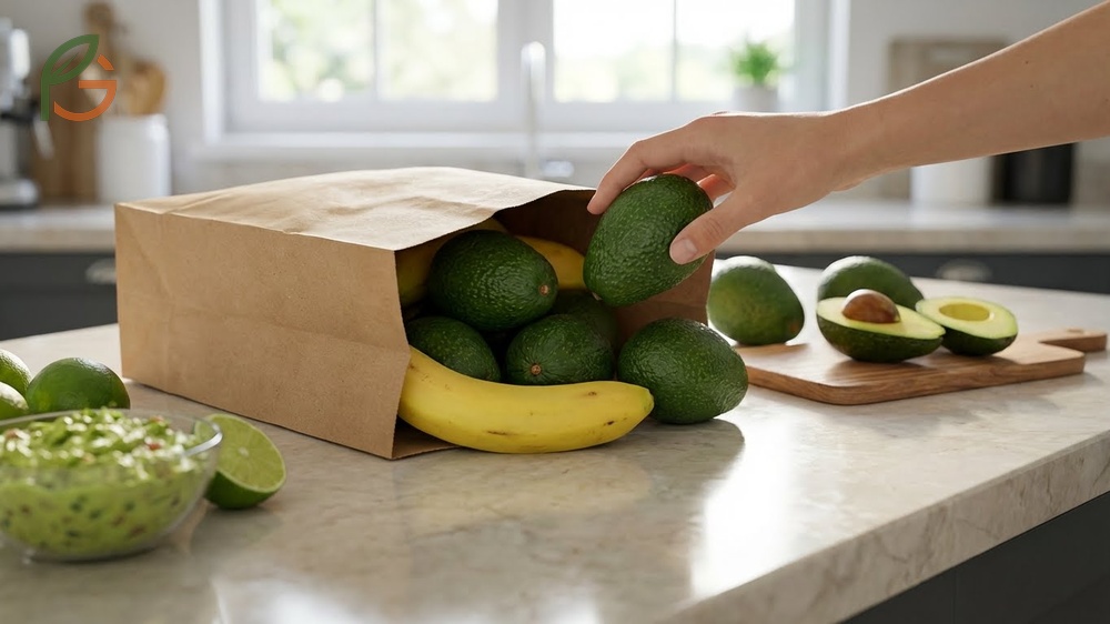 How to ripen avocados quickly by placing them in a brown paper bag with bananas to trap ethylene gas.