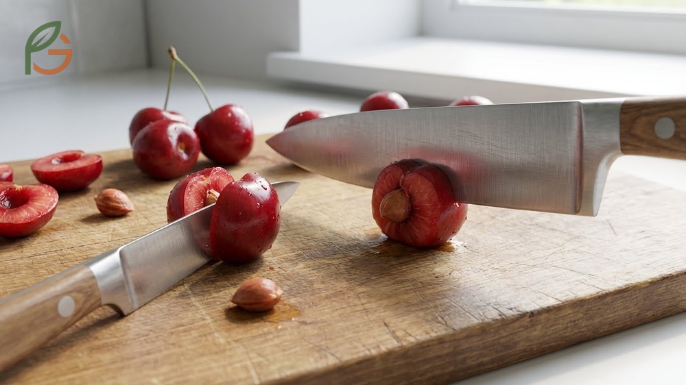 Halving fresh cherries with a paring knife to remove pits quickly for baking and cooking applications.