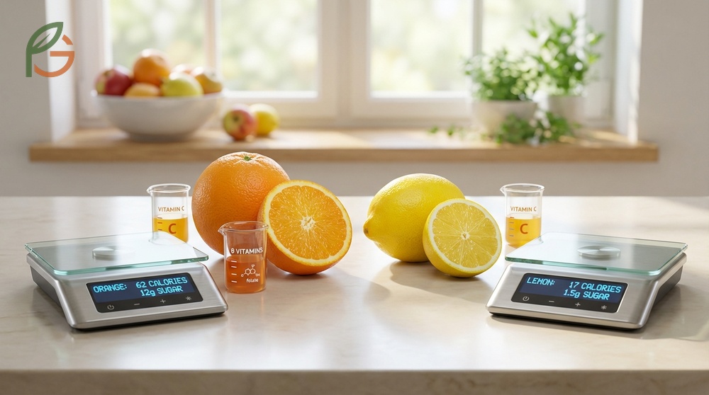 Lemon orange nutrition facts reveal oranges have 62 calories while whole lemons contain only 17 calories.