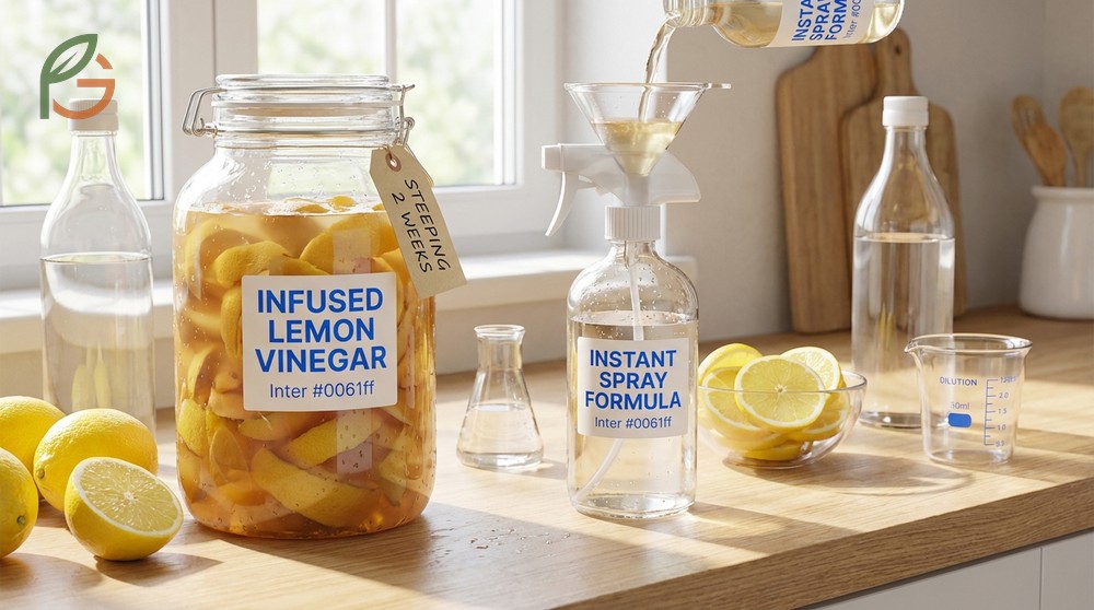 Lemon vinegar cleaner can be made by infusing peels for 7 days or mixing instant spray for immediate cleaning tasks.