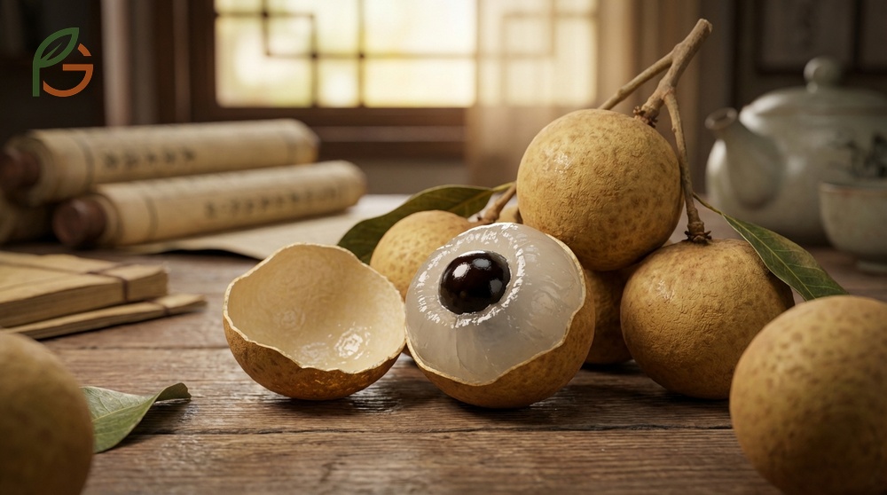 Longan vs lychee comparison revealing the dragon eye appearance with a black seed inside the translucent flesh.