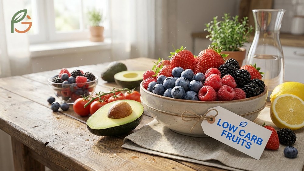 Selection of low carb fruits including berries and citrus that contain less than 15 grams of net carbs per serving.