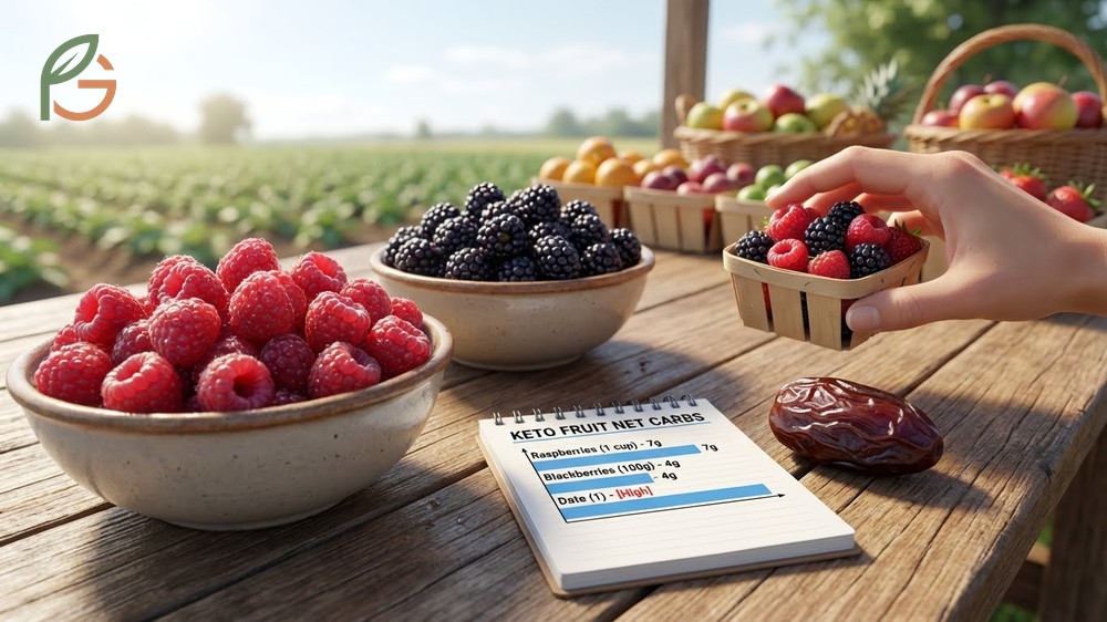 Keto fruit alternatives comparison highlighting berries and avocados as better options than high sugar dates.