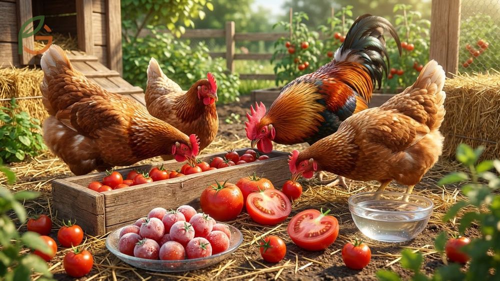 Nutritional benefits for chickens include vitamins A and C found in ripe cherry tomatoes.