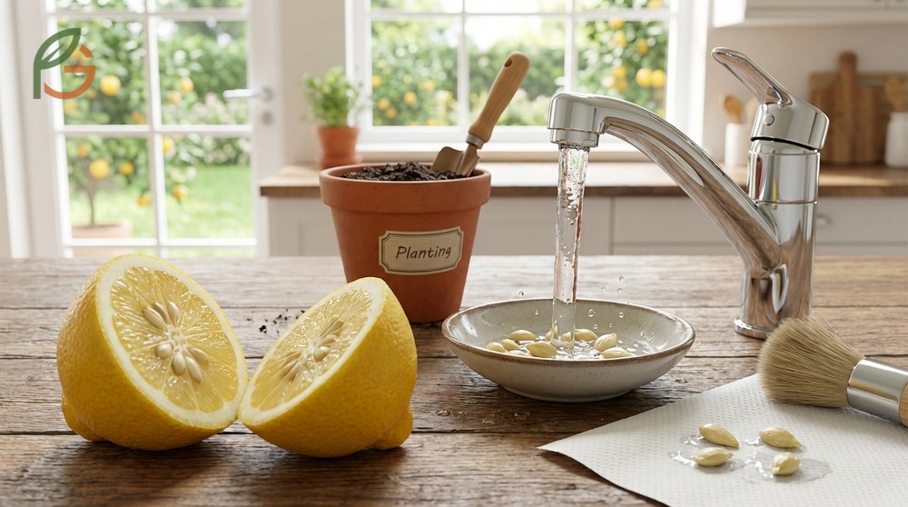Lemon seeds germinating inside a damp paper towel to ensure successful root development.