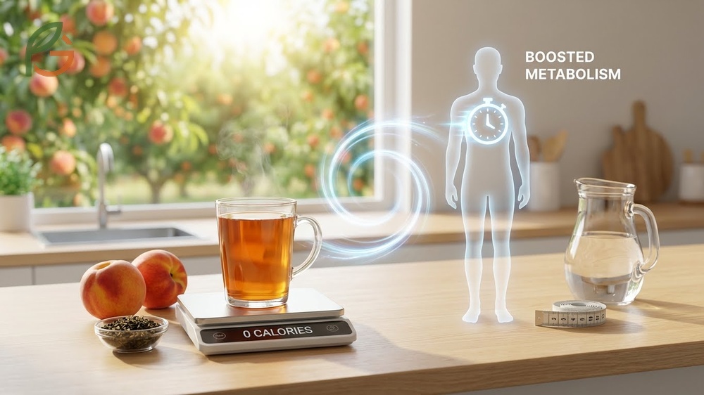 Peach tea for weight loss works by controlling appetite and boosting thermogenesis with low calorie content and catechins.