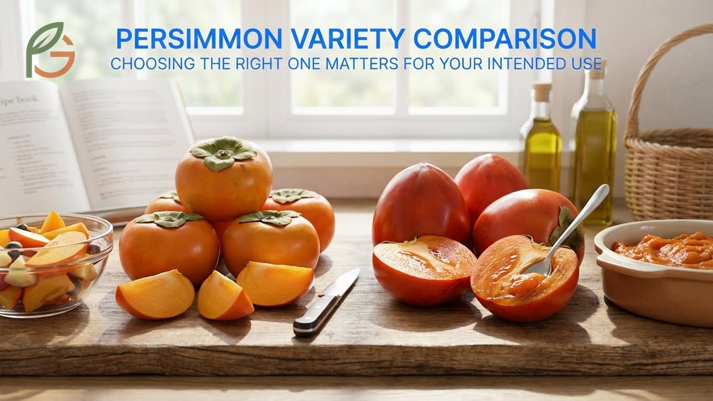 A comparison of Fuyu and Hachiya persimmons focusing on nutritional benefits like 70 calories per serving.