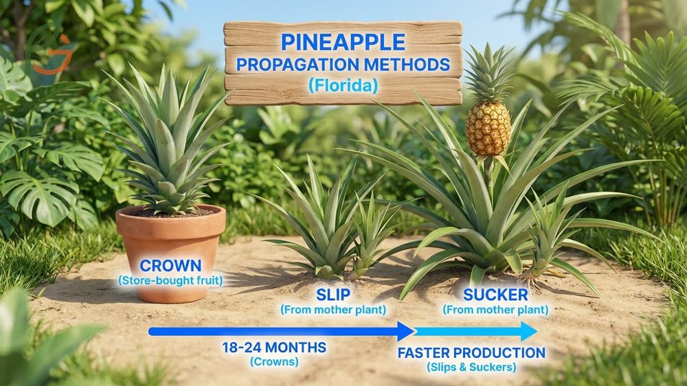 A gardener planting a pineapple crown in sandy soil amended with organic compost.