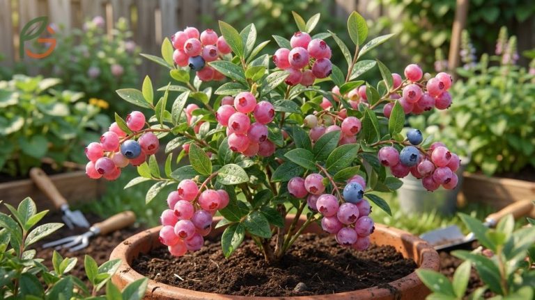 Close-up of bright pink Pink Lemonade blueberries ripening on a branch with green foliage.