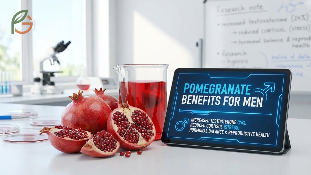 Pomegranate benefits for men include a 24% increase in salivary testosterone levels and reduction in stress hormones like cortisol.