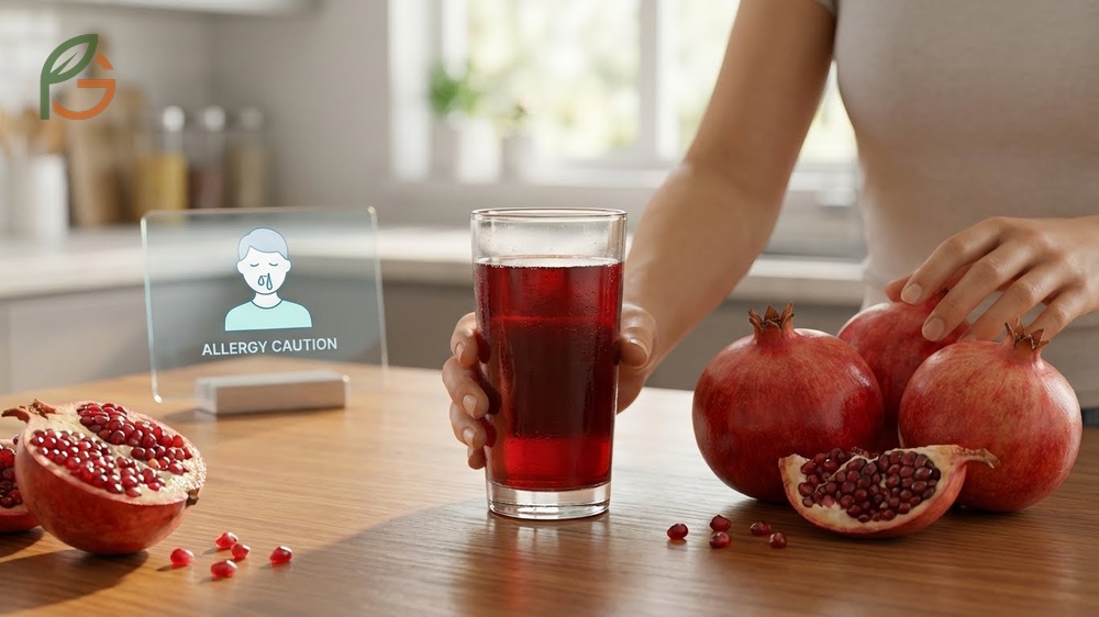 Pomegranate juice side effects discussing potential allergic reactions and interactions with blood thinners.