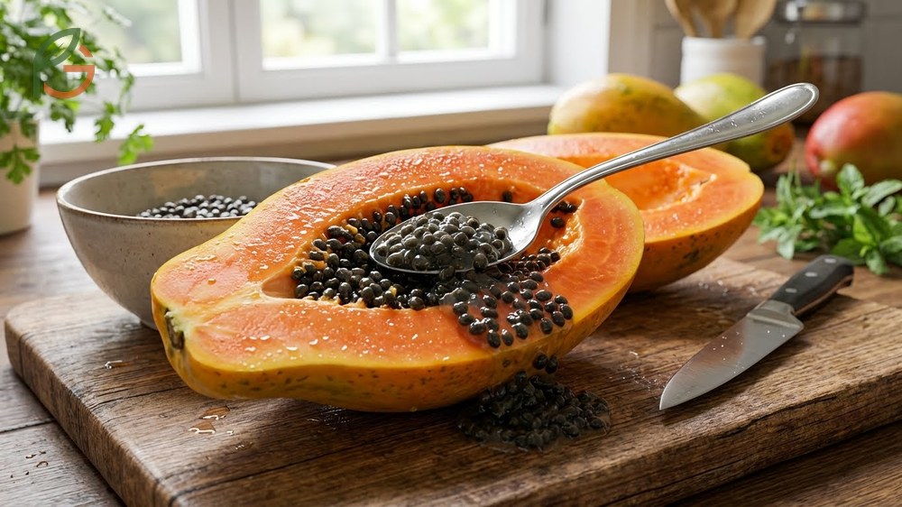 Removing papaya seeds is simple using a spoon to scoop them out from the central cavity of the fruit.