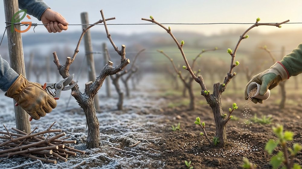 Seasonal care for grapes includes winter pruning, spring fertilization, and summer irrigation to ensure healthy fruit production.