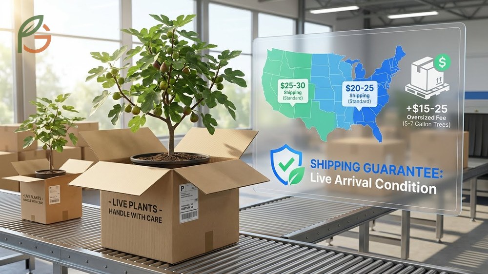 Shipping costs and warranties for fig trees ranging from $20-25 for ground delivery across the US.