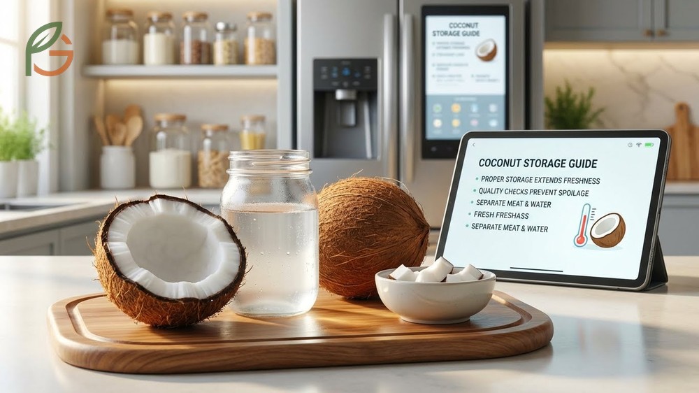 Storing and identifying quality coconut involves checking for sloshing water and ensuring no mold is present on the eyes.