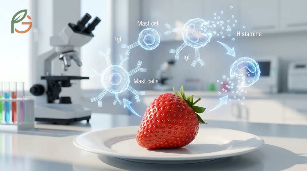 Strawberry allergic reactions explained through IgE antibody production and histamine release within minutes of exposure.
