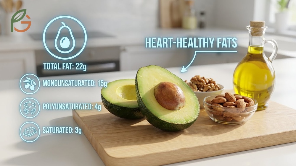 How much fat in avocado breakdown showing 22 grams of total fat with high monounsaturated content.