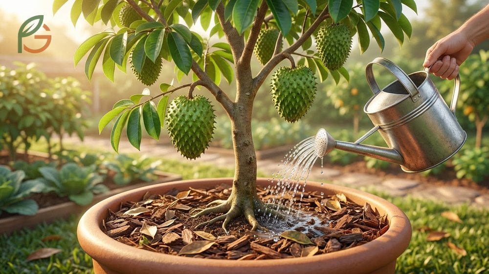 Watering fertilizing soursop routine requiring deep irrigation 2-3 times weekly and balanced NPK nutrients for fruit set.