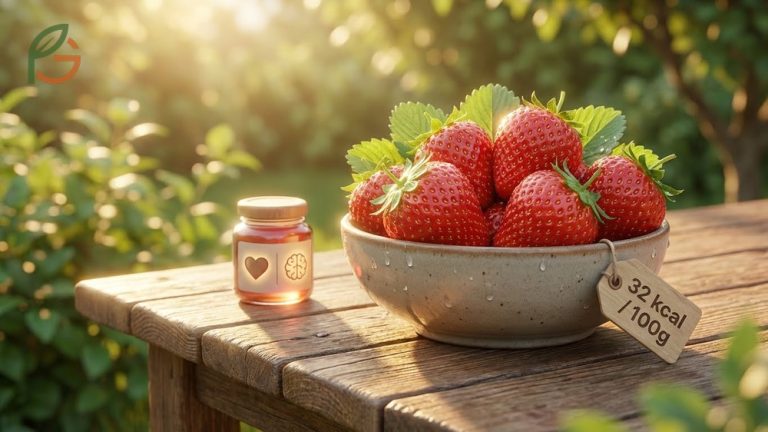 Healthy fresh strawberries displayed to represent their benefits for heart health and brain function with only 32 calories per 100g.