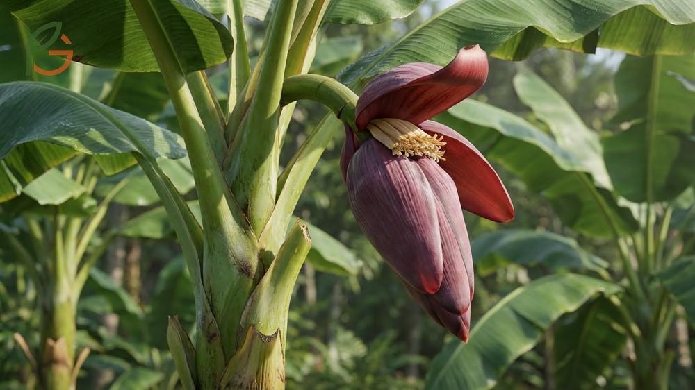 Banana flower to fruit process detailing monocarpic flowering and bunch development stages.