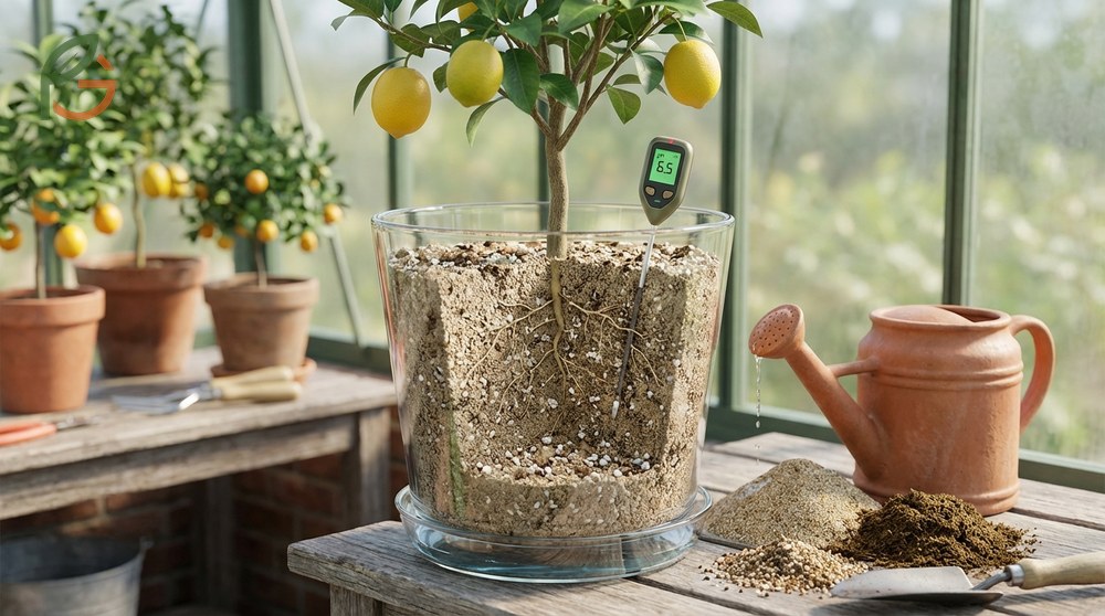 A well-draining potting mix containing perlite and pine bark designed for healthy citrus roots.