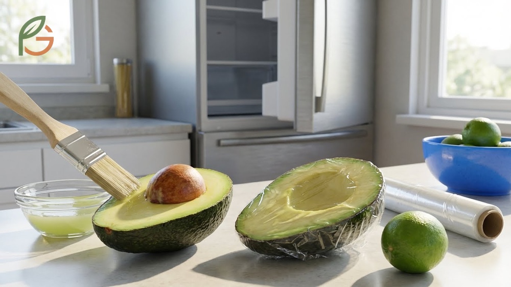 Best way to store avocados after cutting involving lemon juice application and tight plastic wrap to prevent oxidation.