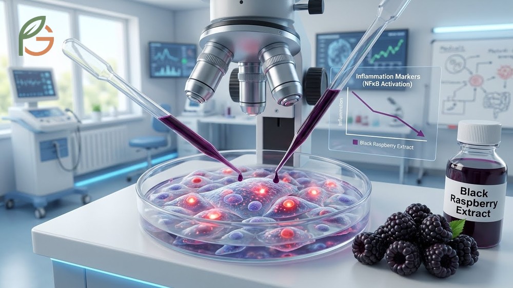 Anti inflammatory properties of black raspberry extract reducing markers like NFkB in human cells.