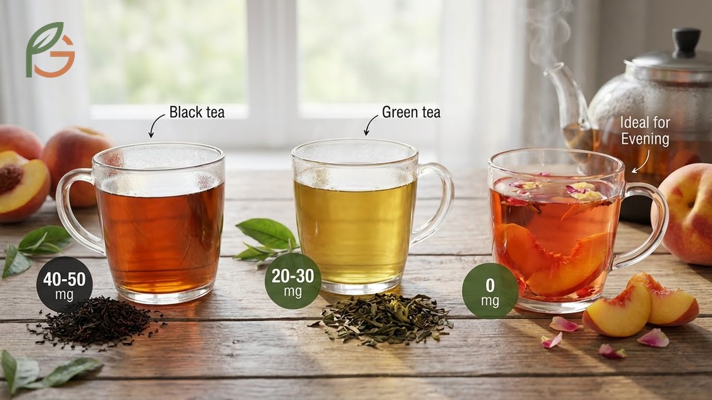 Caffeine in peach tea varies from 20 to 50mg per cup for green and black bases while herbal versions remain caffeine free.