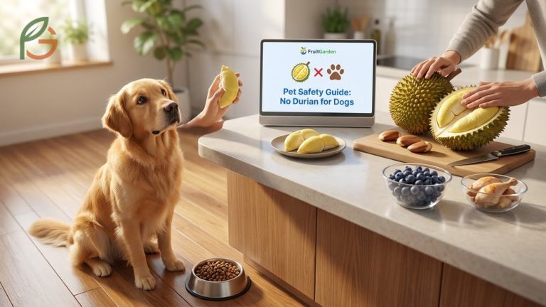 A curious dog looking at a piece of yellow durian flesh, illustrating the topic of canine diet safety.
