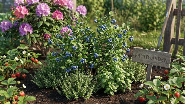 Lush garden featuring blueberries interplanted with thyme and strawberries for enhanced ecosystem benefits.