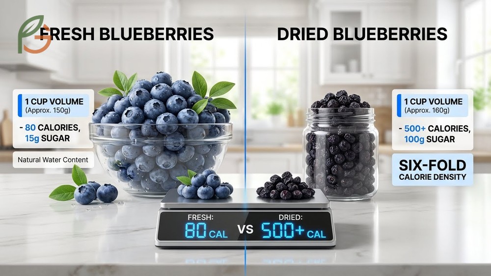 Dried blueberries nutrition comparison warning of 500 calories per cup versus 80 calories in frozen varieties.