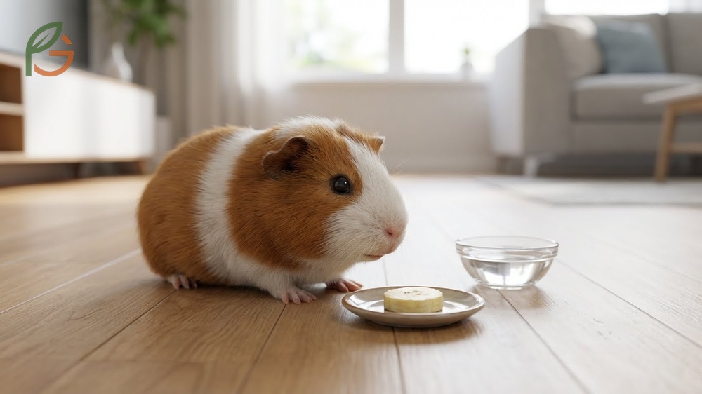 Guinea pigs eating small slices of banana occasionally to prevent obesity and digestive issues.