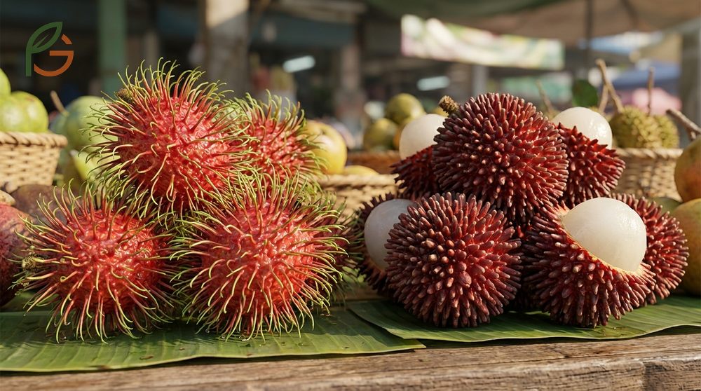 Hairy fruit like lychee such as pulasan and rambutan with their distinctive spines and sweet white flesh.