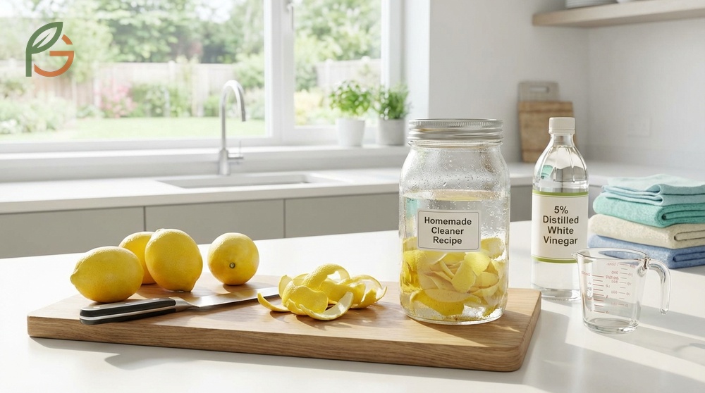 Homemade cleaner recipe requires white vinegar and organic lemon peels mixed in a glass jar for optimal results.